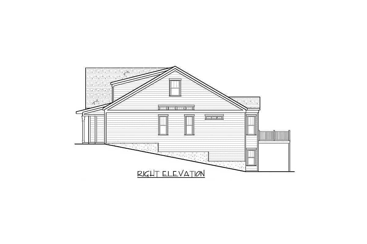 Right elevation of a house plan showing a sloped lot, front porch, gables, dormer, and deck.