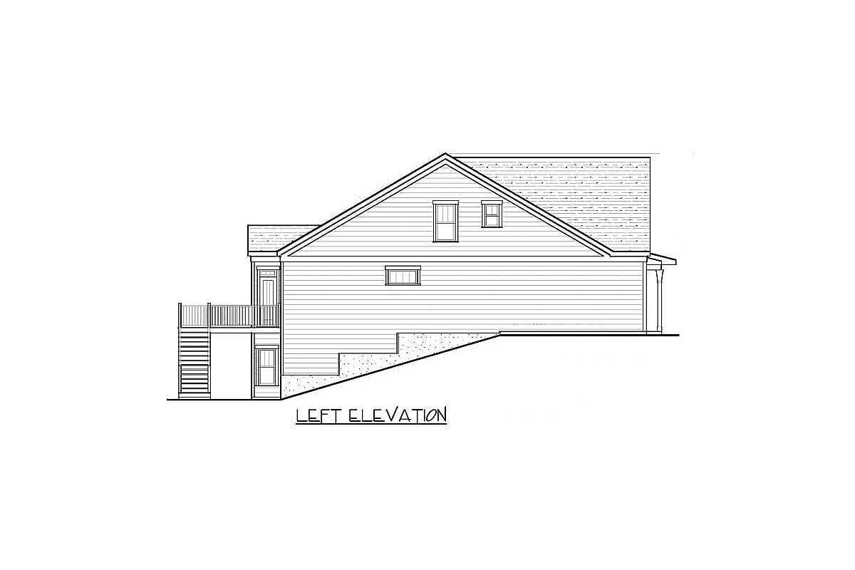 Left elevation house plan drawing showing gabled roof, deck, and tiered foundation.