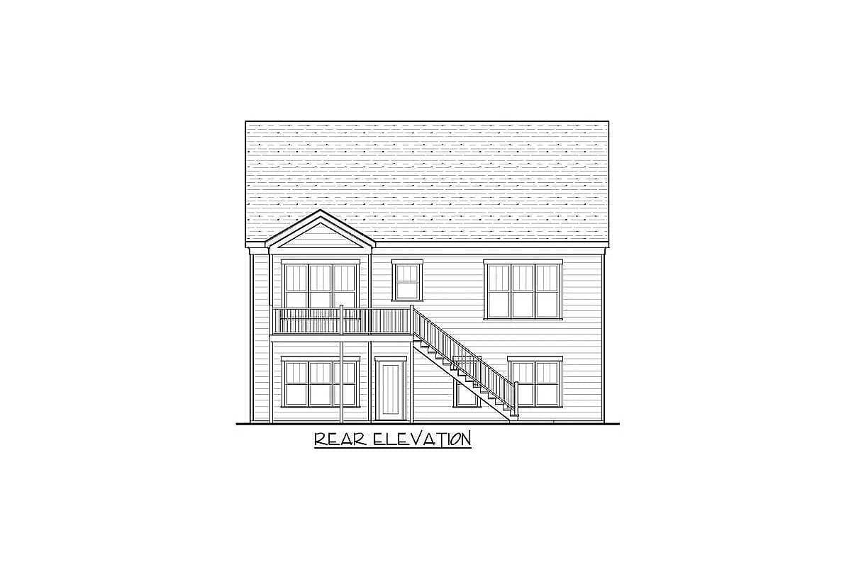 Rear elevation drawing of a two-story house plan with a gable, upper balcony, and exterior stairs.