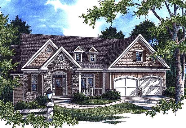 House plan exterior: Craftsman style, one story, stone arch entrance, dormers, and double garage.