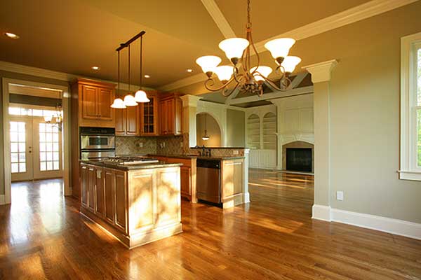 Interior view of open concept living area showing kitchen with island and great room with fireplace and built-in shelving.