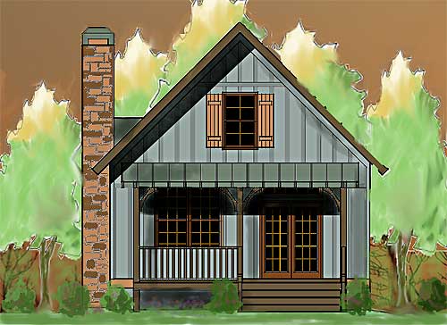 House plan exterior of a narrow, two-story home with a prominent brick chimney, gable roof, and covered front porch with railing.