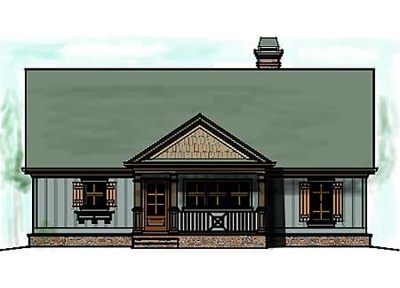 House plan exterior: single-story with a prominent gabled entry porch, paired shutters on windows, and a steep-pitch roof.
