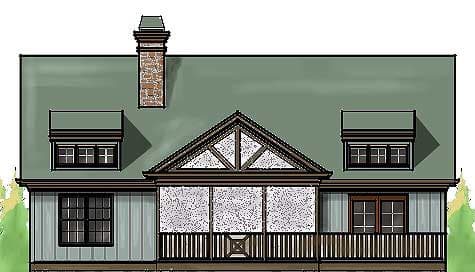 House plan exterior: Craftsman style, multiple gables, dormers, prominent chimney, and a covered porch.