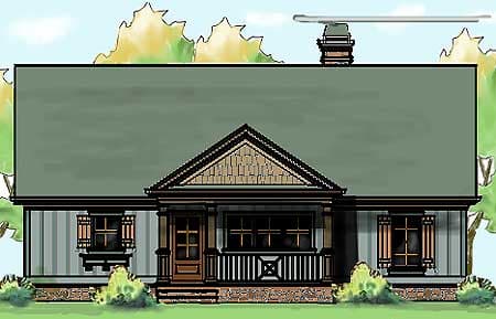 House plan exterior: One-story Craftsman style with covered front porch, decorative gable detail, and shutters.
