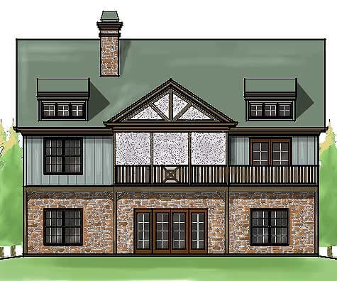 House plan exterior: two-story structure with stone base, upper-level balcony, multiple gables, dormer windows, and prominent chimney.