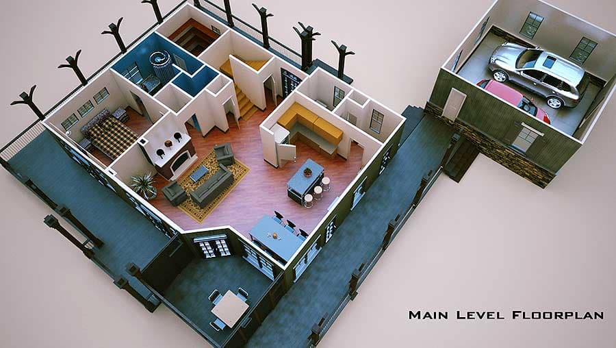 Plan 92309MX: Lake House Plan Retreat with Full Wraparound Porch - 2052 Sq Ft - Floor Plan - Main Level - 3D View - Cottage, Country, Mountain, Rustic