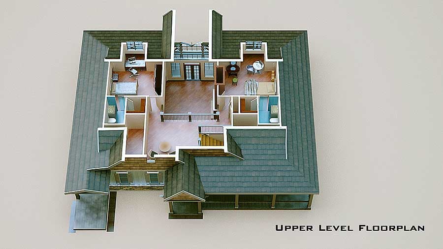 Plan 92309MX: Lake House Plan Retreat with Full Wraparound Porch - 2052 Sq Ft - Floor Plan - Lower Level - 3D View - Cottage, Country, Mountain, Rustic