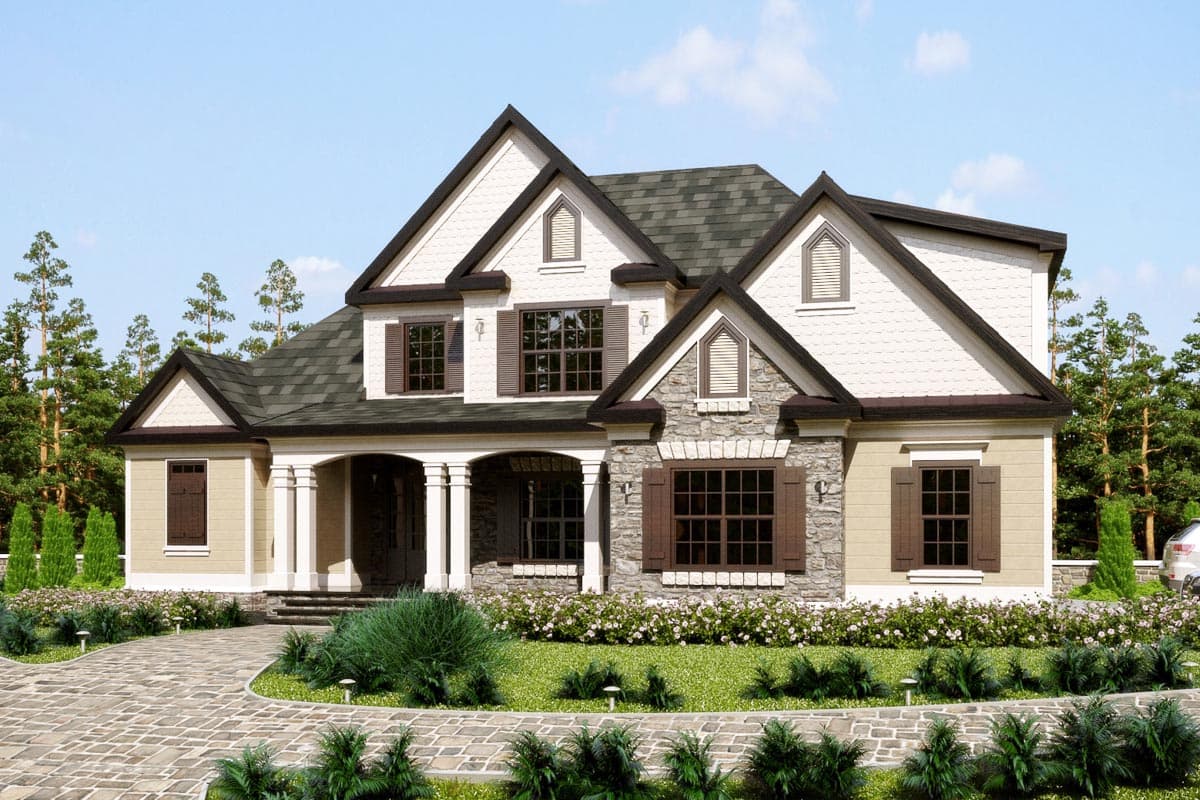 House plan exterior: Two-story home with covered porch, gables, stone and shingle siding, and multiple dormers.