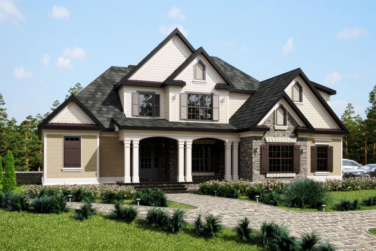 House plan exterior: Two-story home with gabled rooflines, prominent front porch with columns, stone and shingle siding.