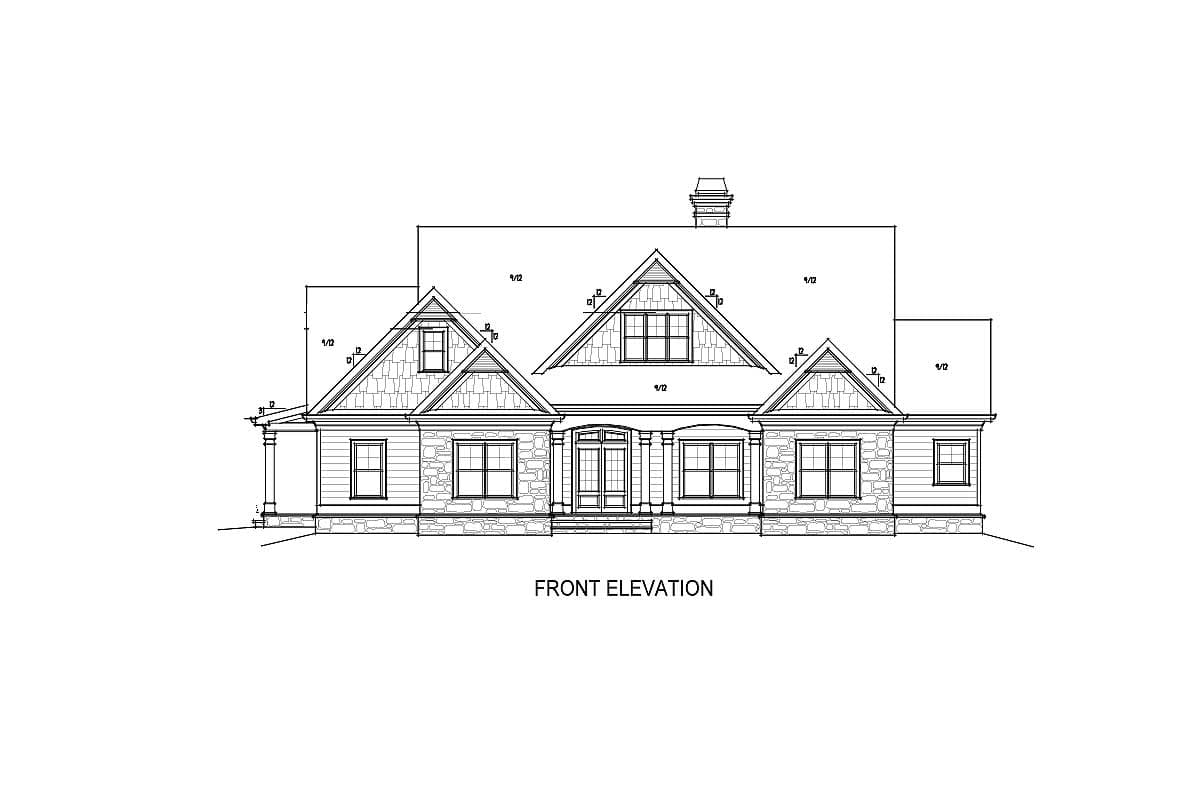 Front elevation house plan with stone foundation, gabled dormers, and covered entry.