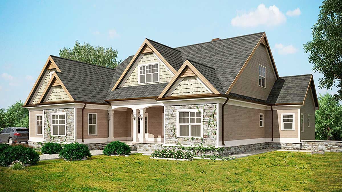House plan exterior rendering. Two-story home with stone accents, multiple gables, and a covered front porch with columns.