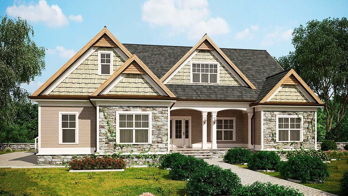 Craftsman style house plan exterior with stone and shingle siding, prominent gables, dormer, and covered front porch.