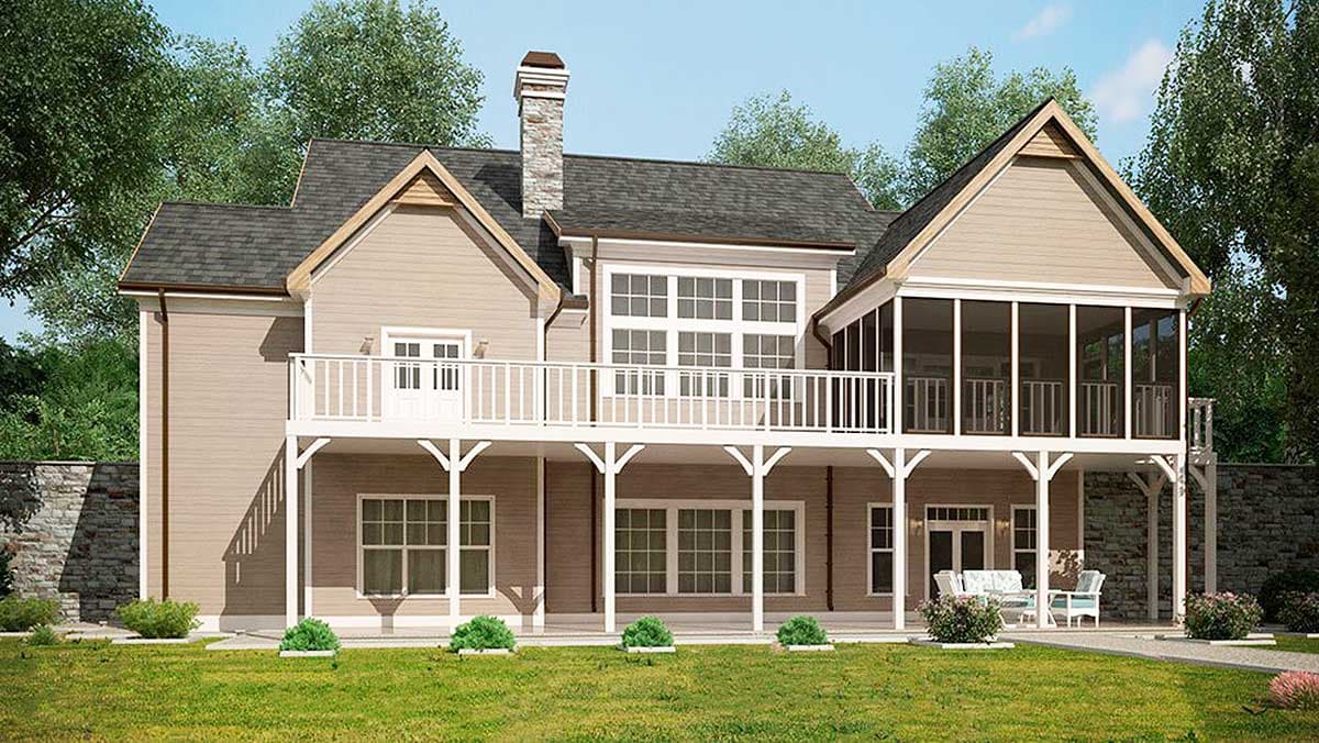 House plan exterior: Two-story home with stone chimney, wraparound deck, and screened porch.