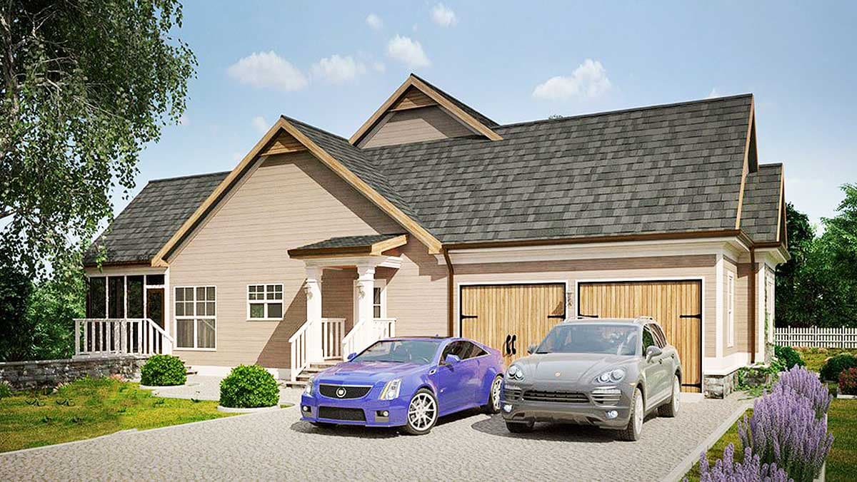 House plan exterior: Modern Farmhouse style, two stories, with a screened porch, prominent gables, and a side-entry two-car garage.
