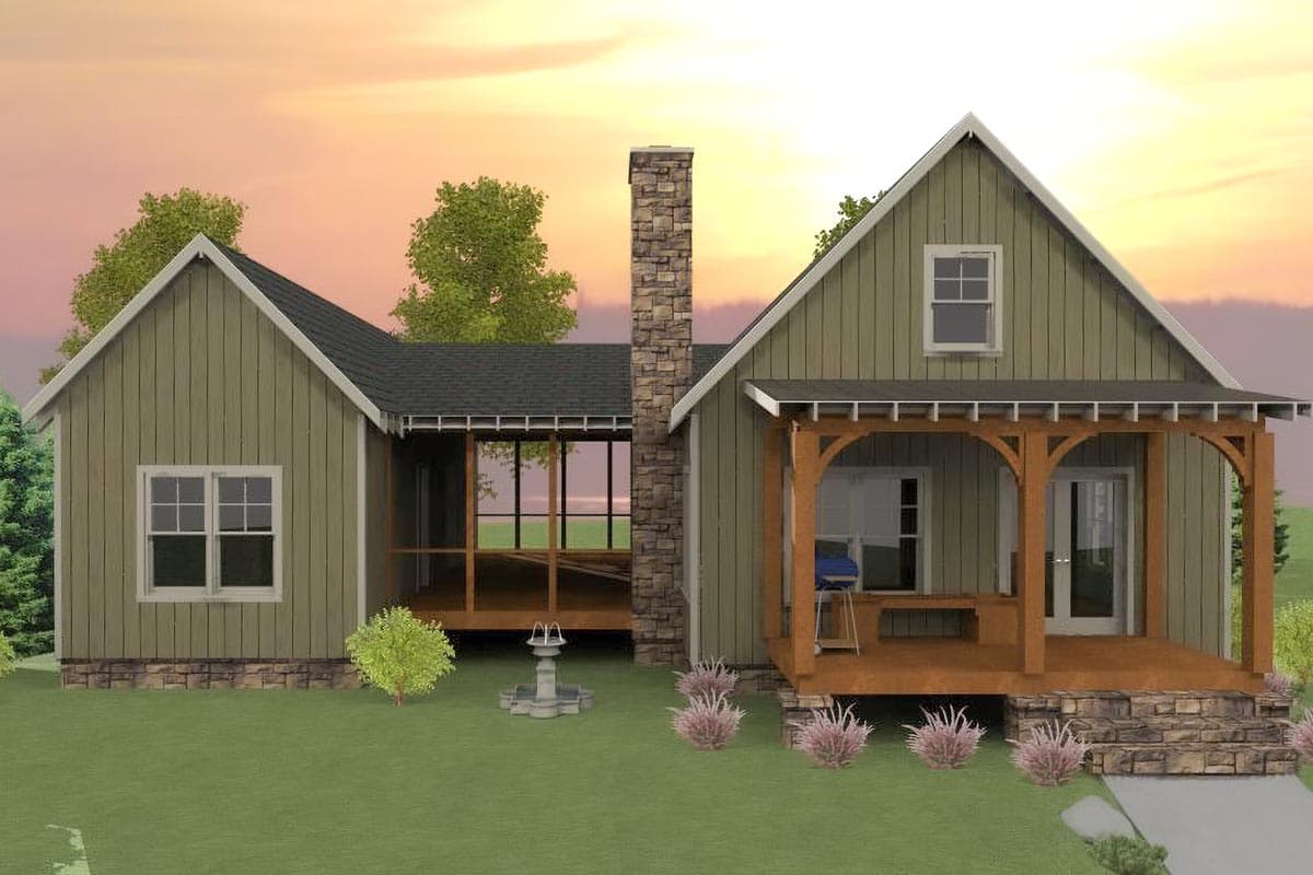 House plan exterior: Craftsman style, one-story, with stone foundation, prominent stone chimney, and large covered front porch with arched supports.