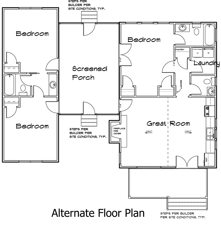 Plan 92318MX: 3 Bedroom Dogtrot House Plan - 1112 Sq Ft - Floor Plan - Optional Main Level Layout - Cabin, Cottage, Mountain, Rustic