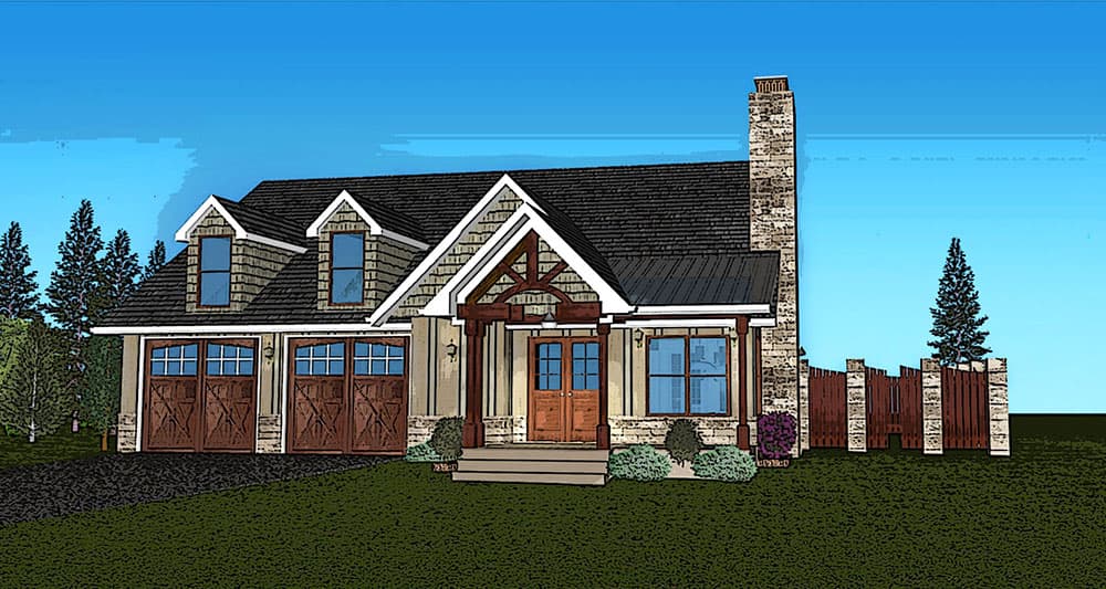 House plan exterior: Two-story Modern Farmhouse with a three-car garage, dormers, stone chimney, and covered entry.