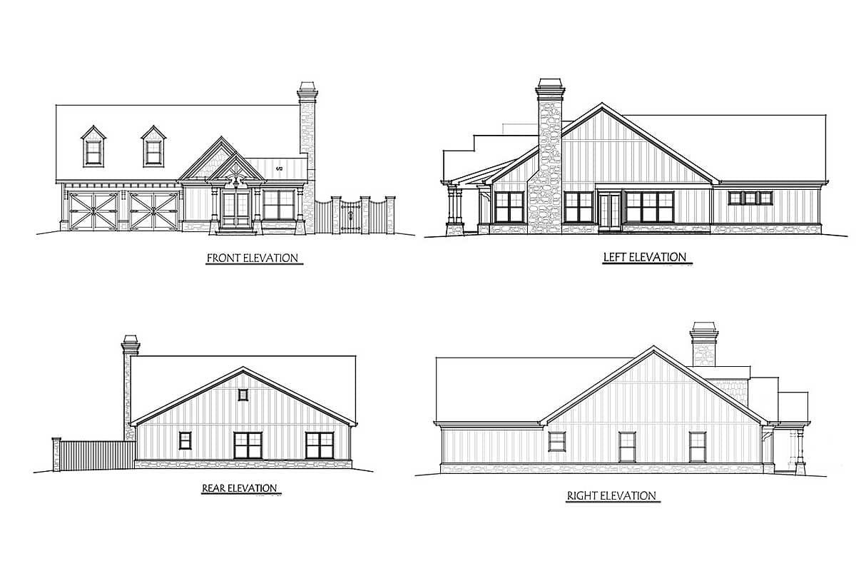 Front, left, rear, and right elevations of a house plan featuring a gabled roof, stone chimney, and attached garage.