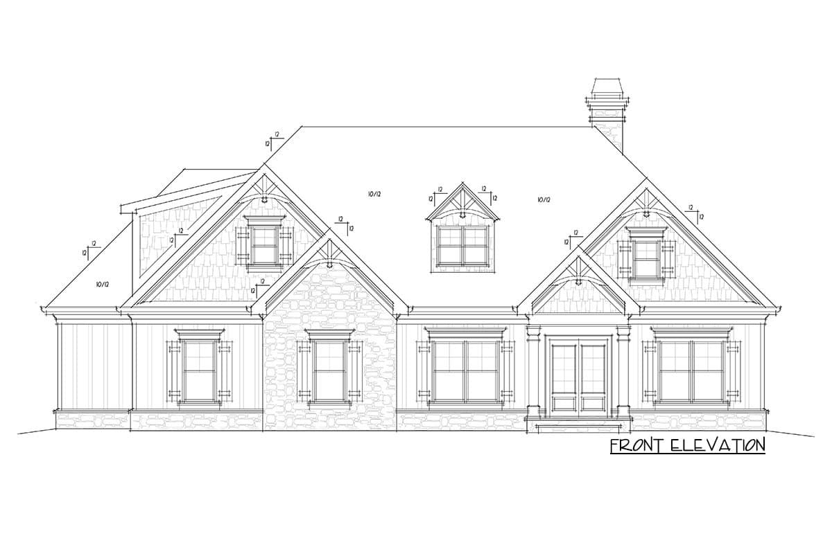 Front elevation house plan showing stone and shingle exterior, multiple gables, dormers, and a prominent chimney.