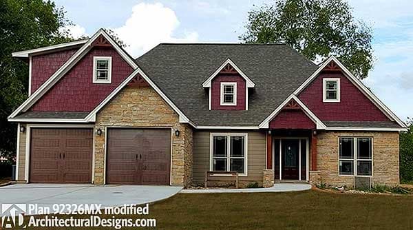 House plan exterior: Two-story Modern Farmhouse with stone accents, twin garages, and multiple gables.