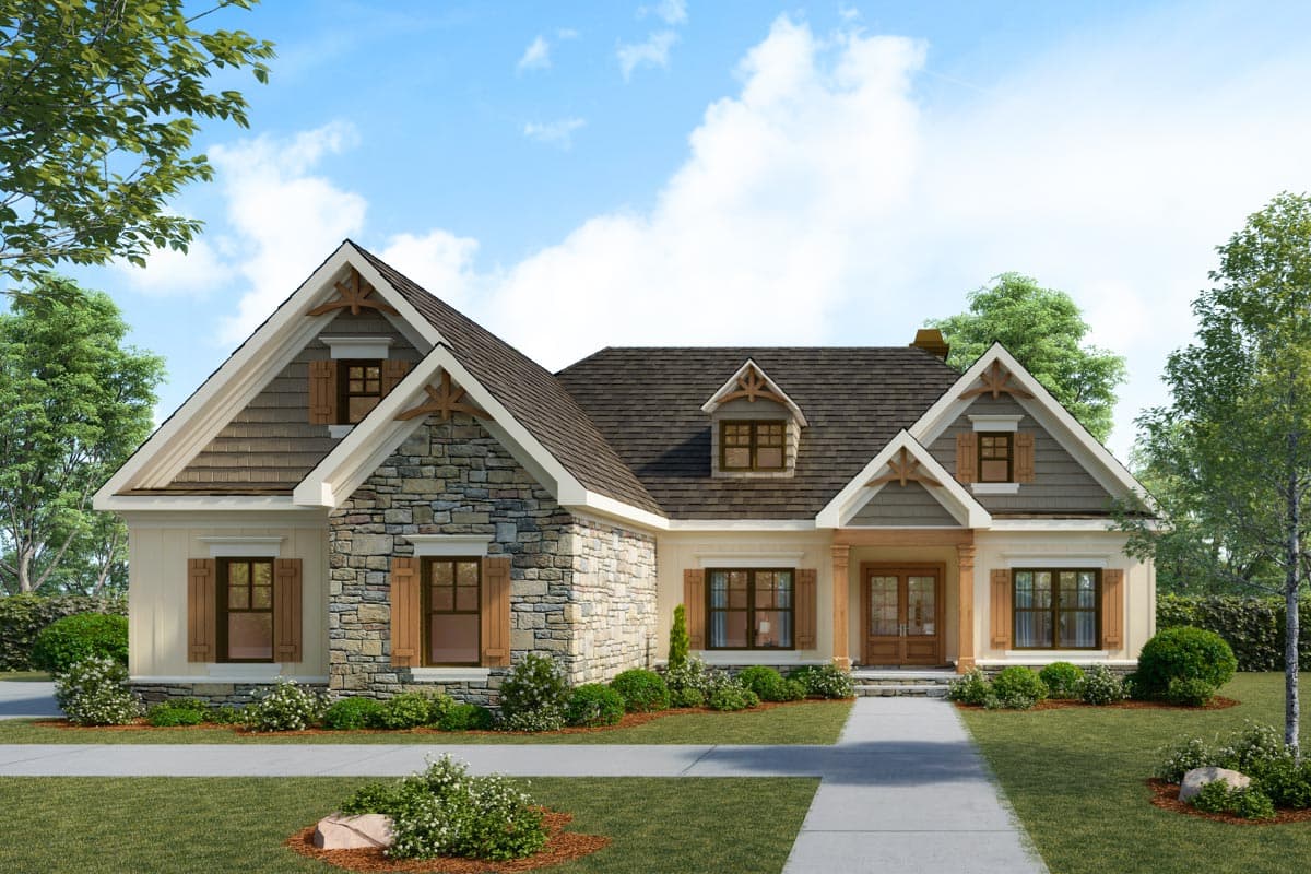 House plan exterior. Two-story Craftsman home with stone facade, multiple gables, and decorative brackets. Features dormers and shutters.