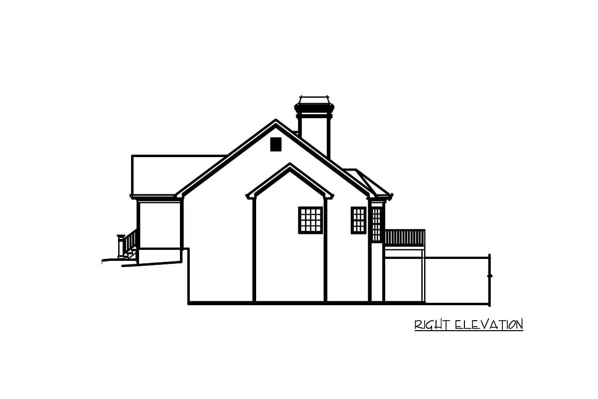 Right elevation of a house plan showing a gabled roof, prominent chimney, dormer window, and deck.