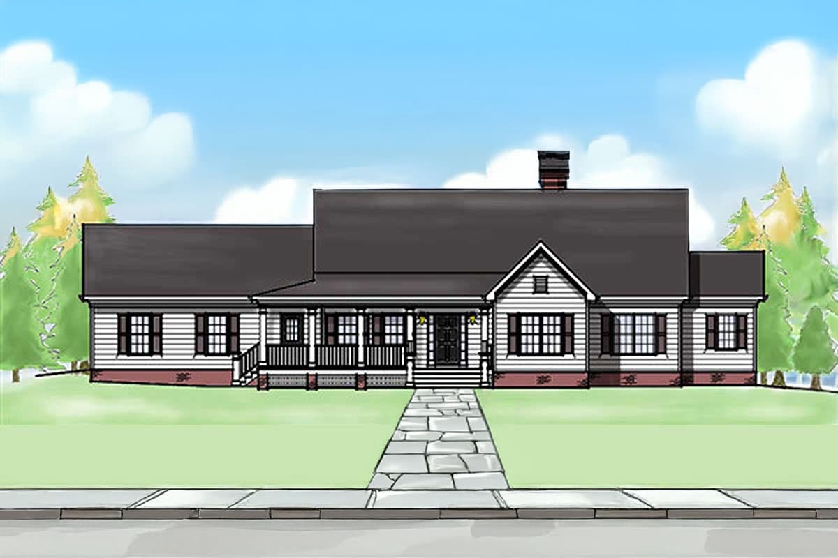 House plan exterior with Craftsman style. Features include a front porch, gabled roof, and multiple shuttered windows. One story.