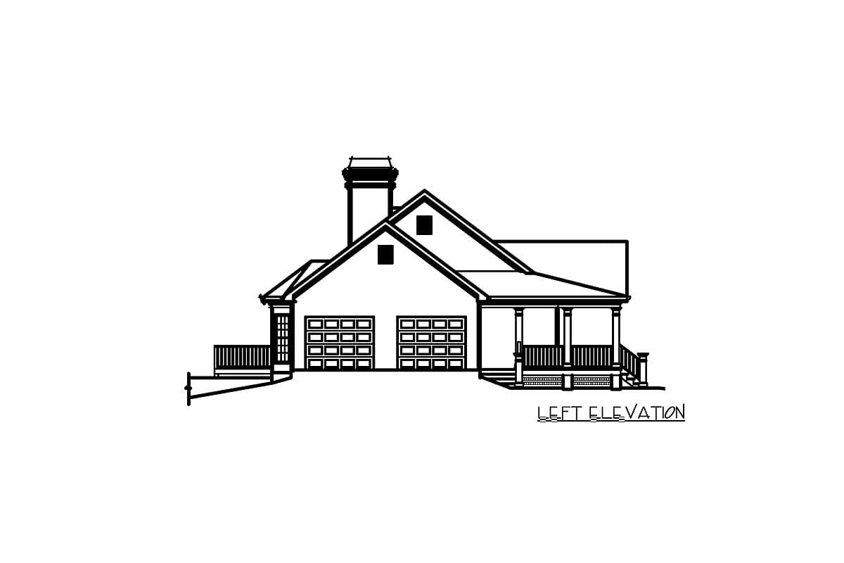 Left elevation house plan showing a two-story home with a prominent chimney, a covered front porch, and a side-entry three-car garage.