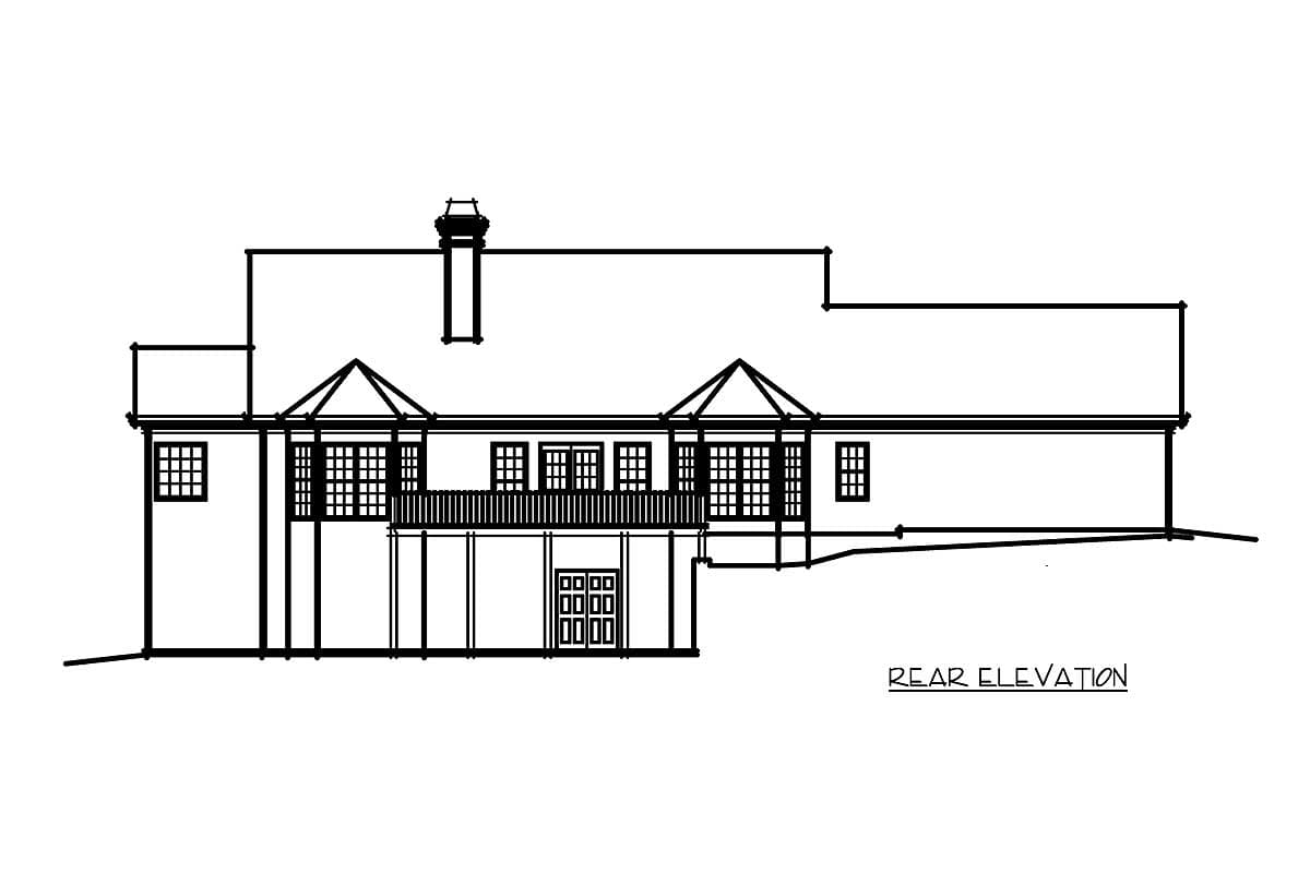Rear elevation drawing of a house plan featuring a covered balcony, multiple gables, and a prominent chimney.