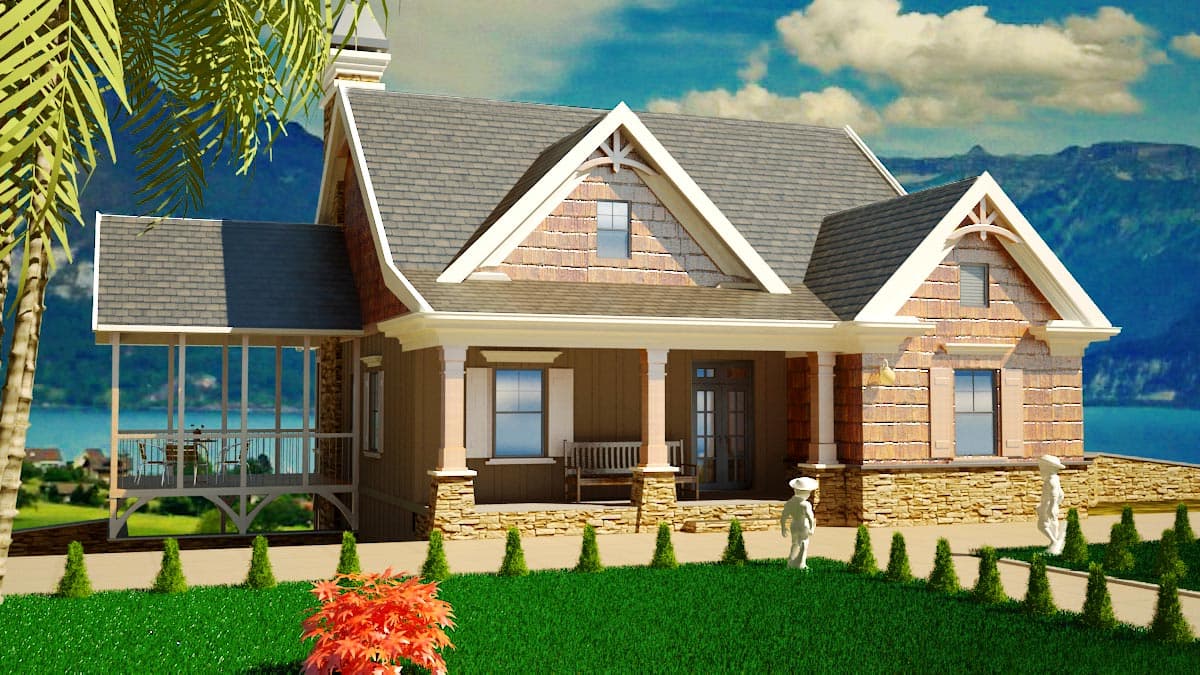 House plan exterior: Two-story lodge-style home with gable dormers, stone foundation, wide front porch, and screened side porch.