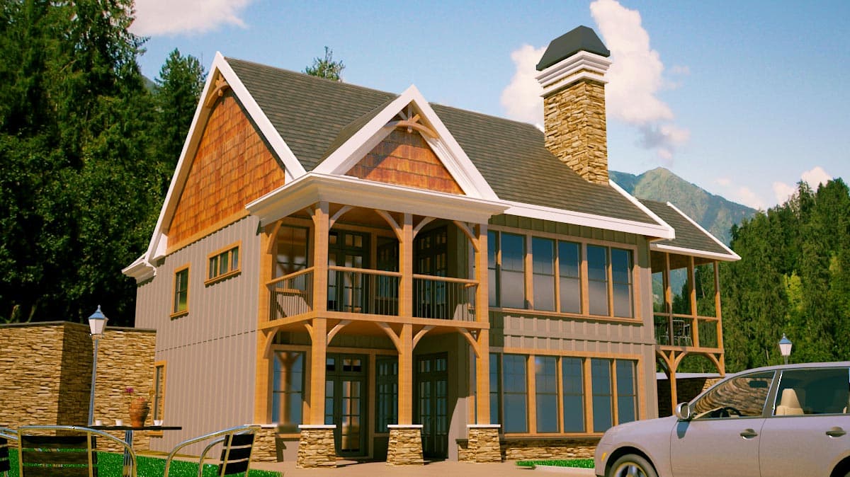 House plan exterior: two-story lodge-style home with A-frame gables, wood siding, stone chimney, and covered balconies.