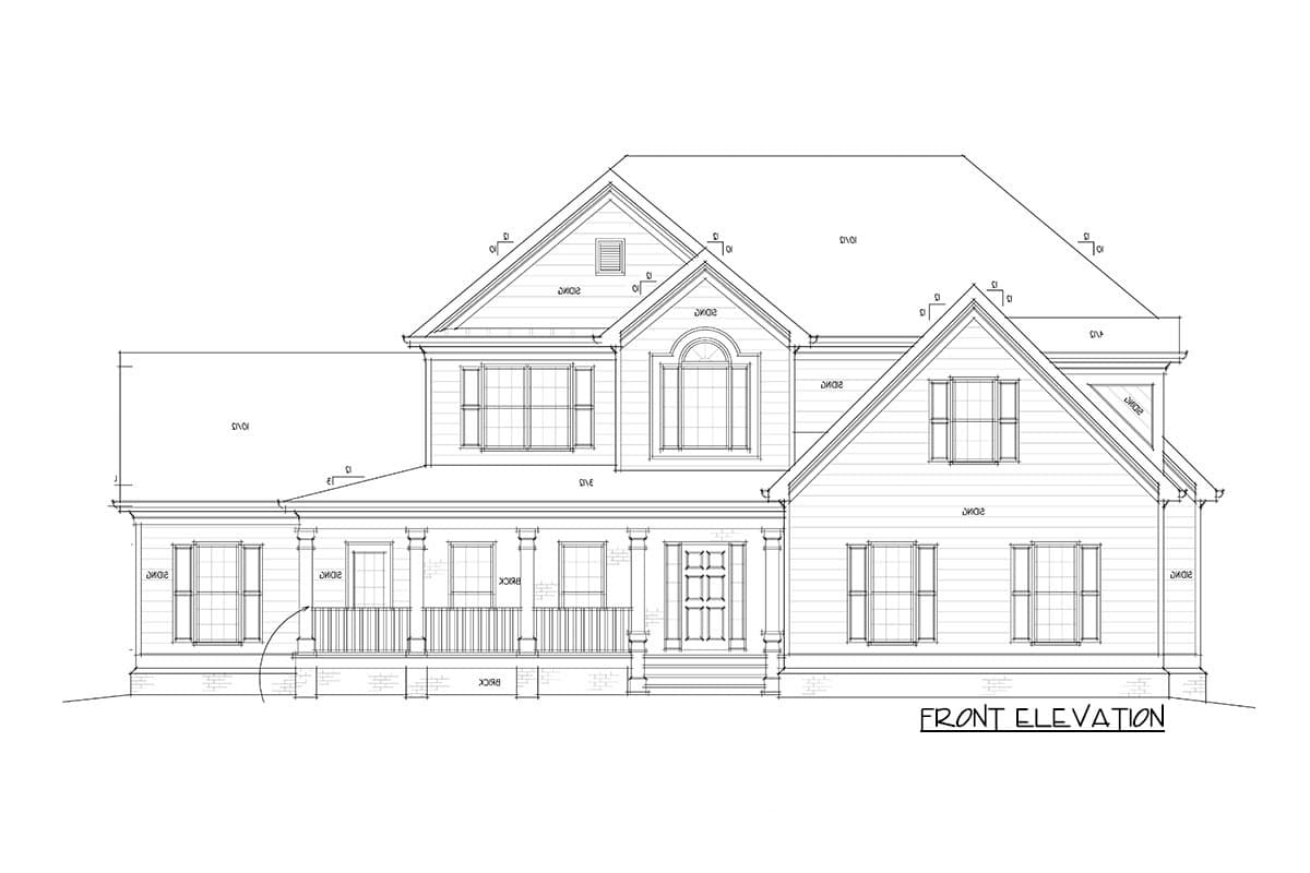 Front elevation drawing of a two-story house plan with a wrap-around porch, gables, and arched dormer.
