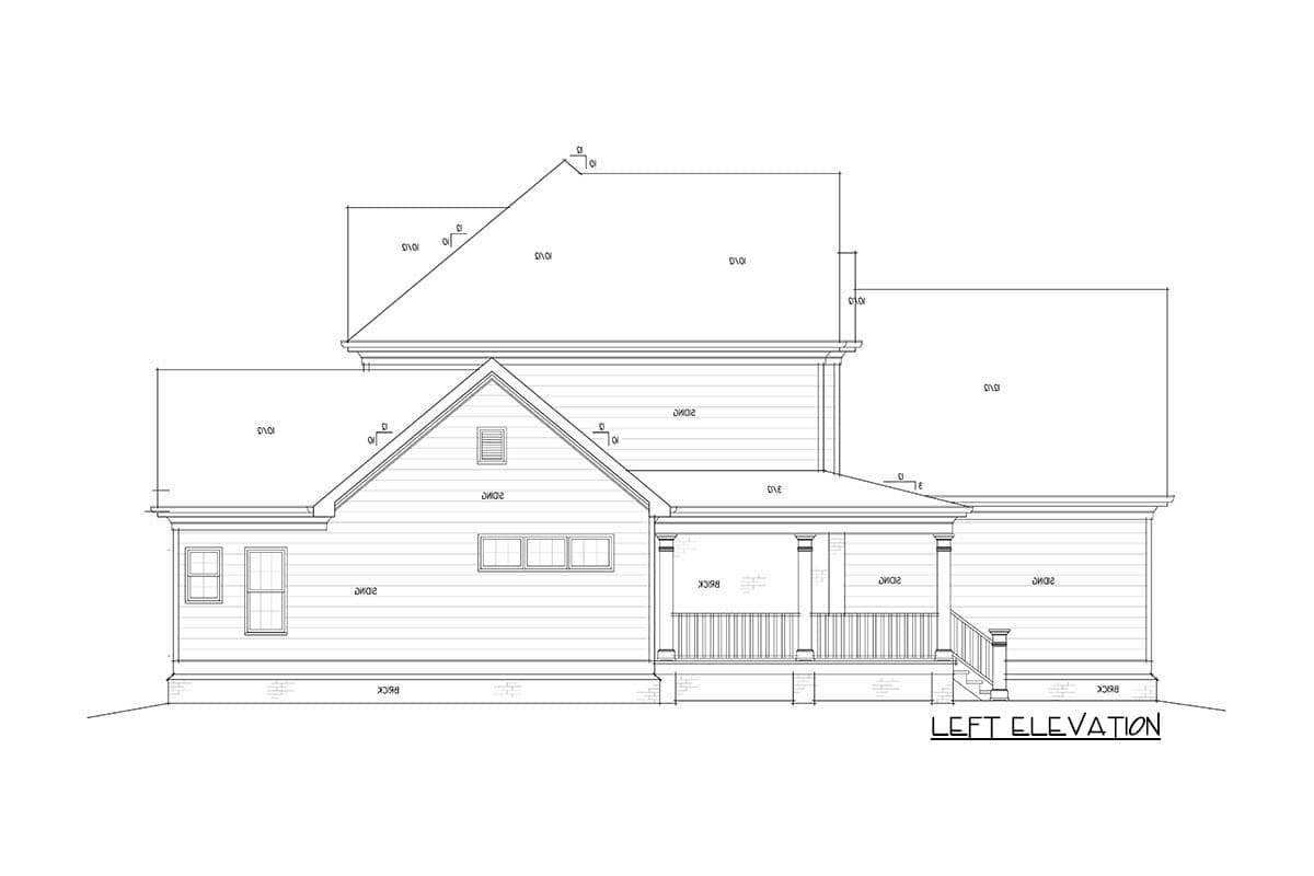 Left elevation drawing of a house plan, showing a gabled roof, dormer, porch with columns, and brick foundation.