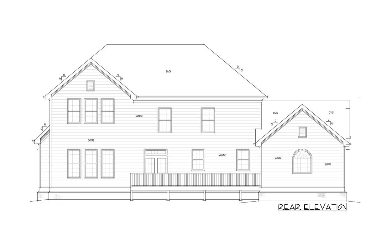 Rear elevation drawing of a two-story house with a deck, multiple gables, and varied window styles, including an arched window.