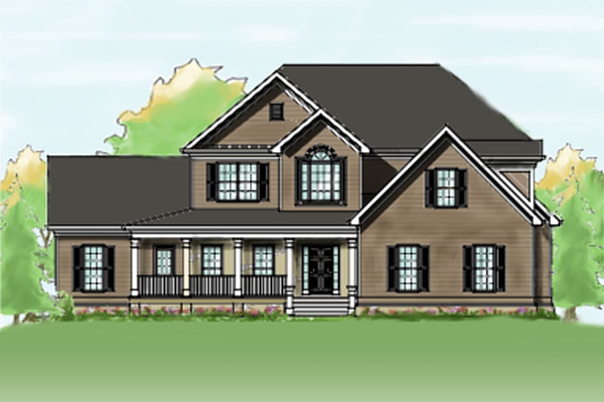 House plan exterior: two-story Traditional style with wrap-around porch, central gable, and arched dormer window.