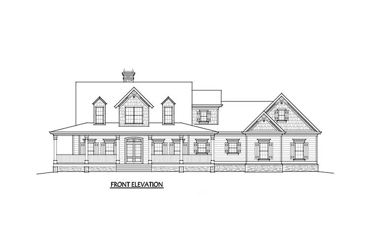 Front elevation drawing of a house plan featuring a wrap-around porch, dormers, and stone accents on gables.
