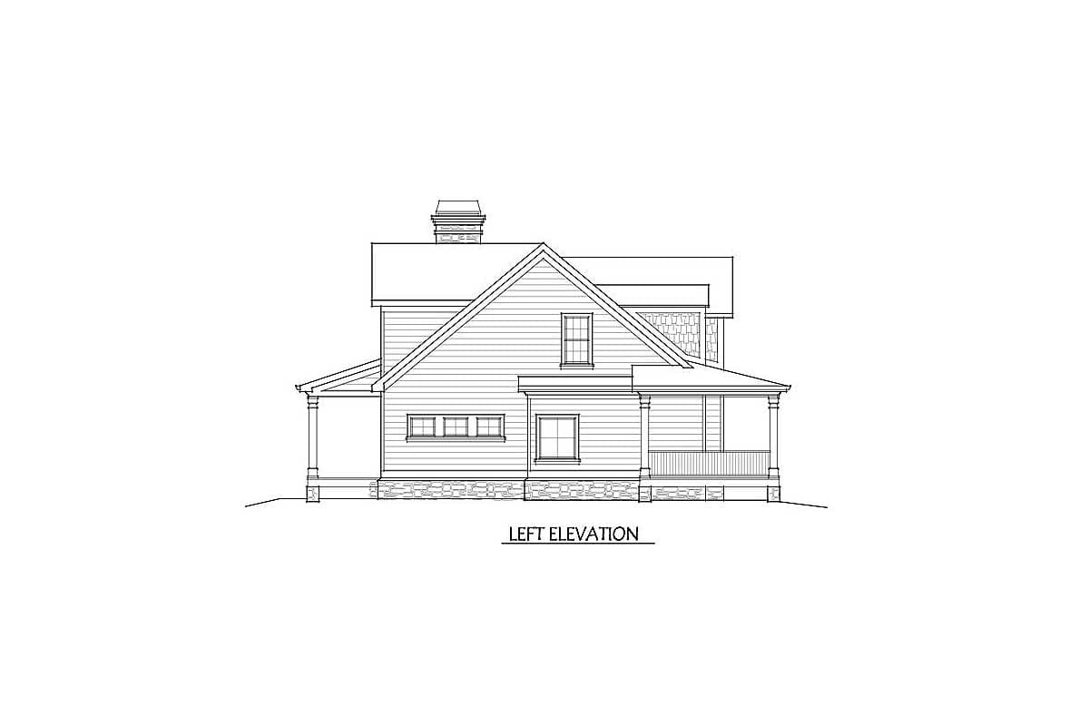 Left elevation drawing of a two-story house plan with a prominent gable, stone foundation, and wraparound porch.