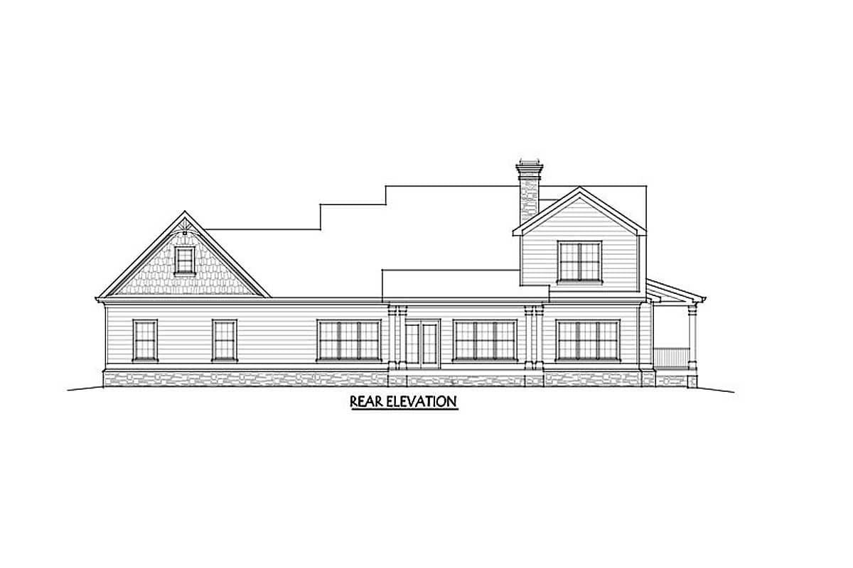 Rear elevation drawing of a two-story house plan with gables, a prominent chimney, and a wrap-around porch.