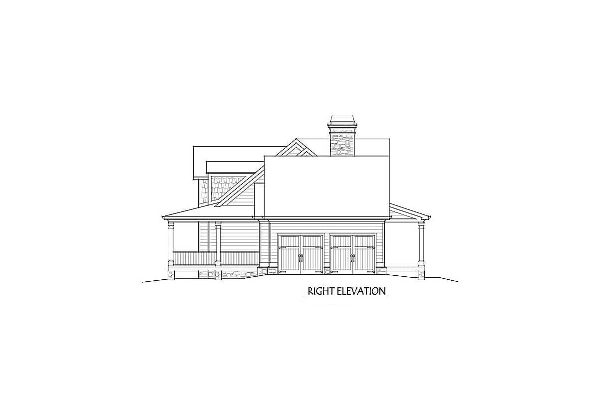 Right elevation house plan showing a covered porch, stone chimney, and a three-car garage with double doors.