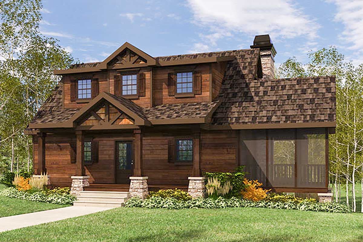 House plan exterior of a two-story home with log siding, gable dormers, stone-clad porch columns, and a screened-in porch.