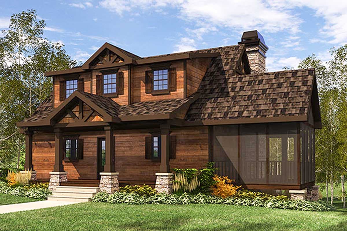 House plan exterior. Two-story Craftsman home with a gabled roof, dormers, and a screened porch.
