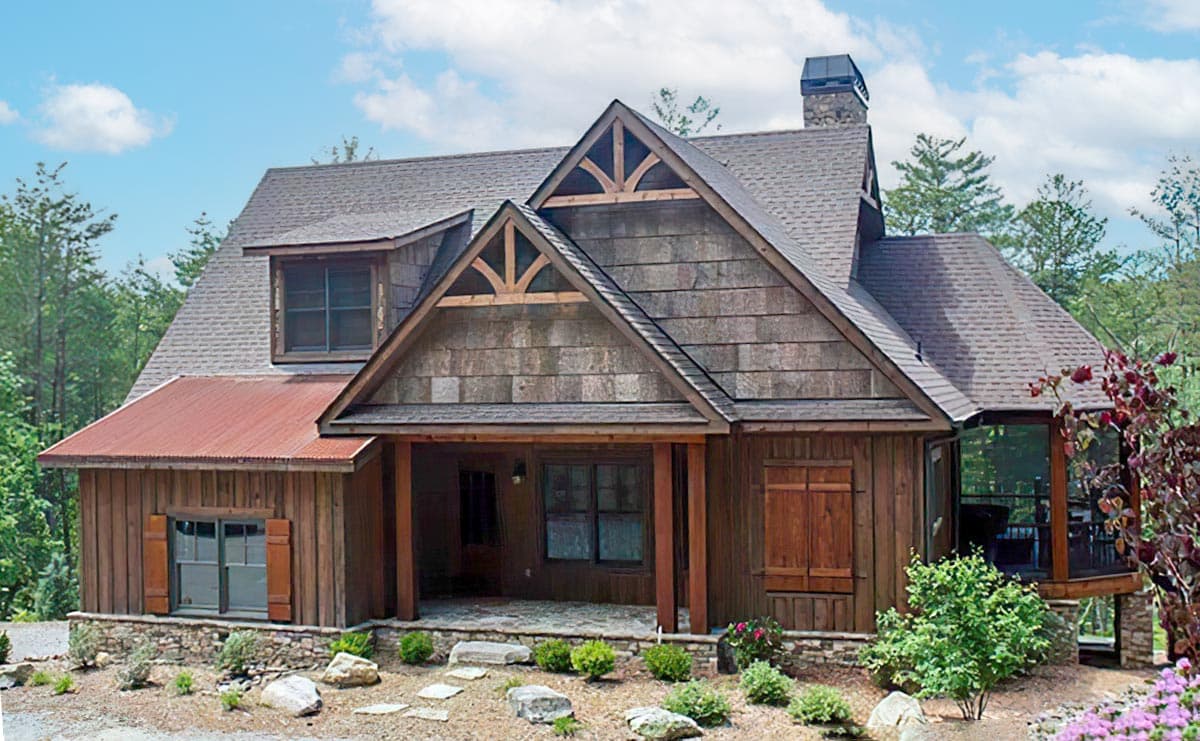 House plan exterior shows a two-story Modern Mountain style home with timber accents, stone foundation, and metal roof detail.