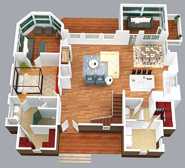 Plan 92362MX: Mountain and Lake Escape Home Plan - 2850 Sq Ft - Floor Plan - Main Floor - 3D View - Cottage, Mountain, Rustic