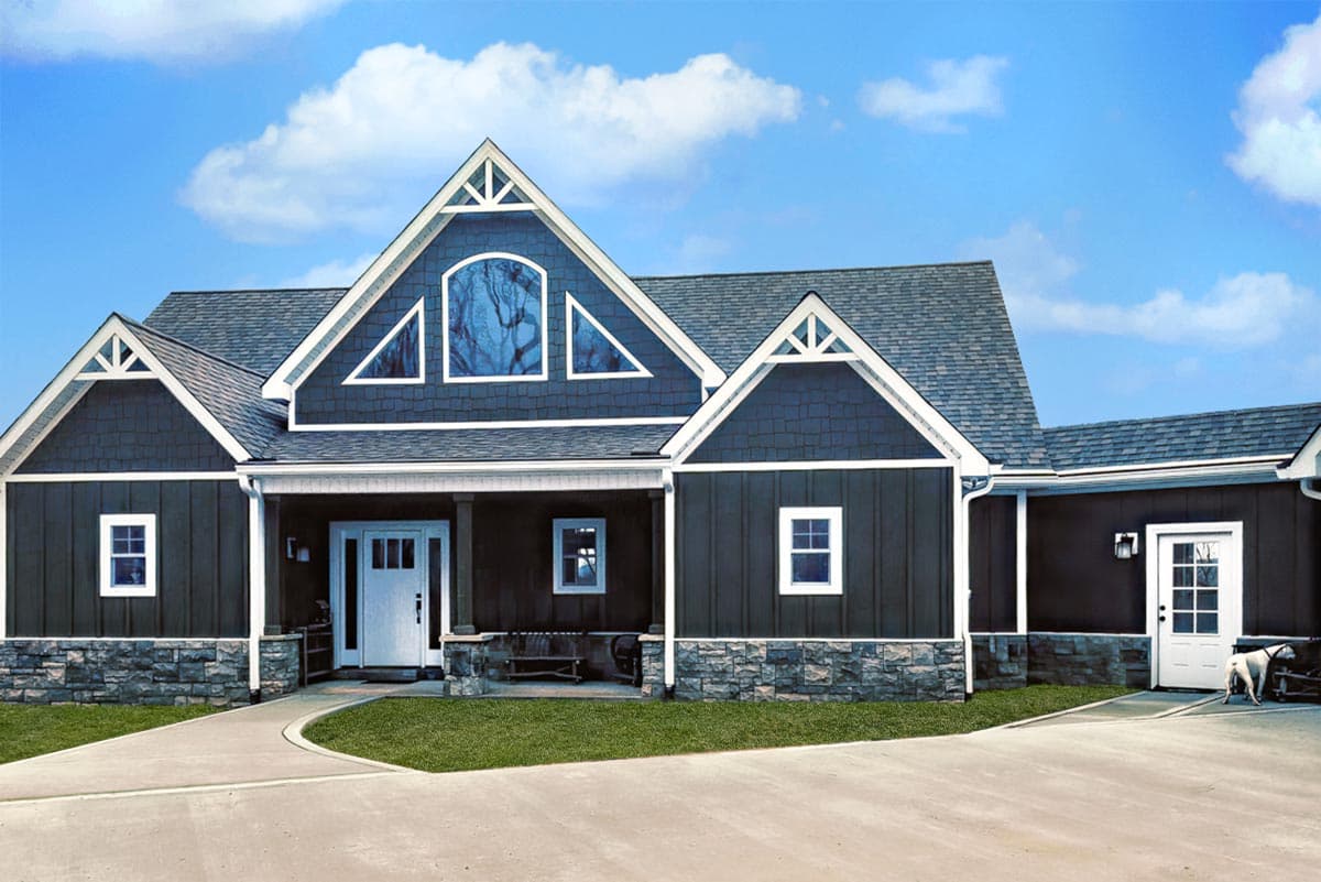 House plan exterior: Dark siding, stone foundation, prominent gables with triangular windows, covered front porch with columns.
