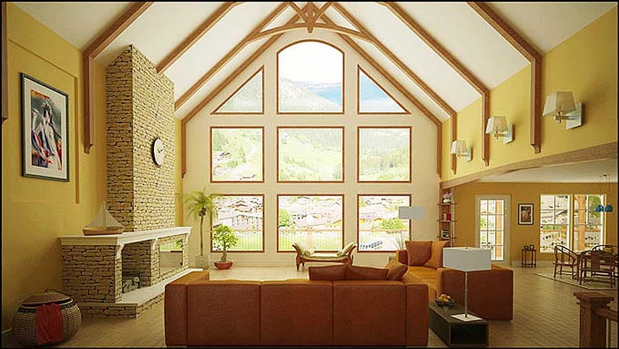 Interior rendering of a great room with vaulted ceiling, stone fireplace, and large multi-pane windows with mountain views.