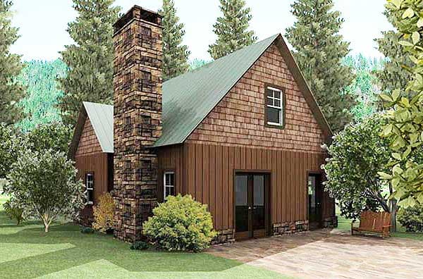 House plan exterior featuring a tall stone chimney, cedar shingles, vertical siding, and a prominent gable roof.
