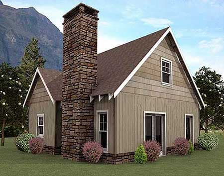 House plan exterior of a two-story home with a prominent stone chimney, gables, and vinyl siding.