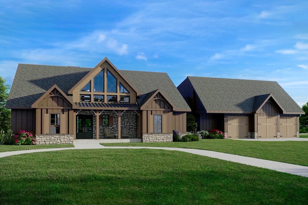 House plan exterior with wood siding, stone accents, covered entry, large gable windows, and three-car garage.