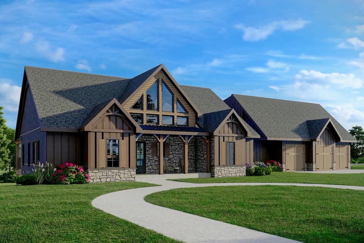 Log cabin style house plan exterior with stone accents, a covered porch with timber posts, and a large gabled window.